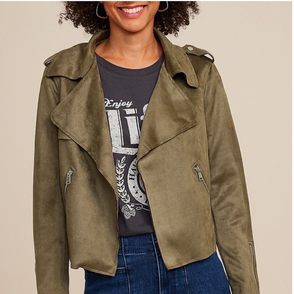 T Tahari Womens Green‎ Faux Suede Moto Jacket Open Front Size L